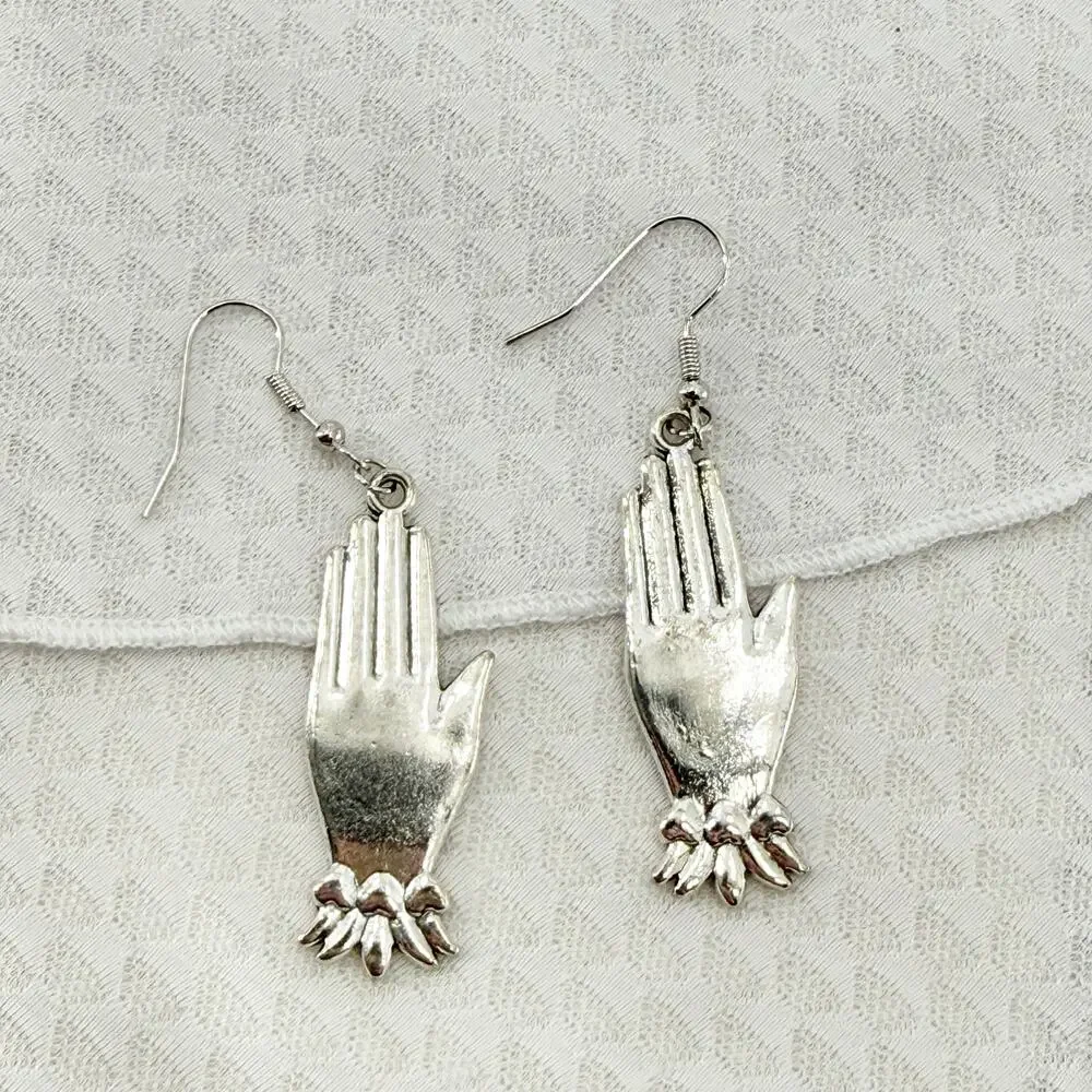 Silver Hamsa Hand Dangle Earrings | Black Heart Evil Eye Protection Jewelry